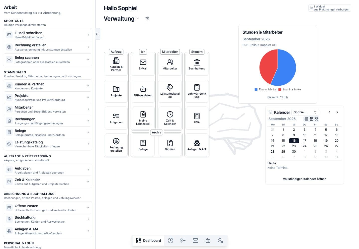 Neuronize ERP Dashboard mit Schnellzugriffen, Modulen, Auswertungen und Kalender