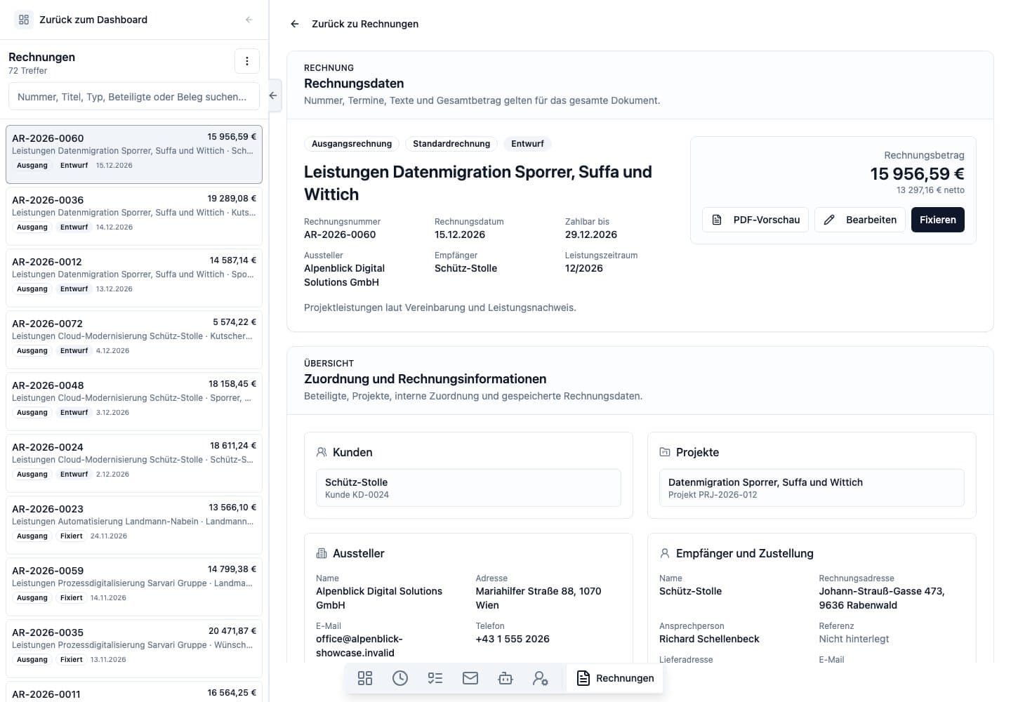 Desktop-Ansicht von Rechnungen in Neuronize ERP