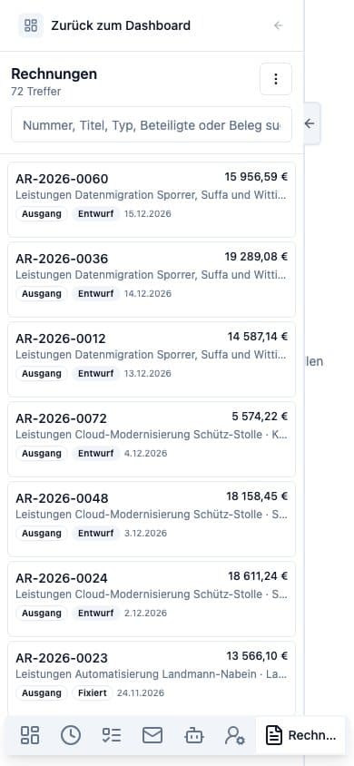 Mobile Ansicht von Rechnungen in Neuronize ERP