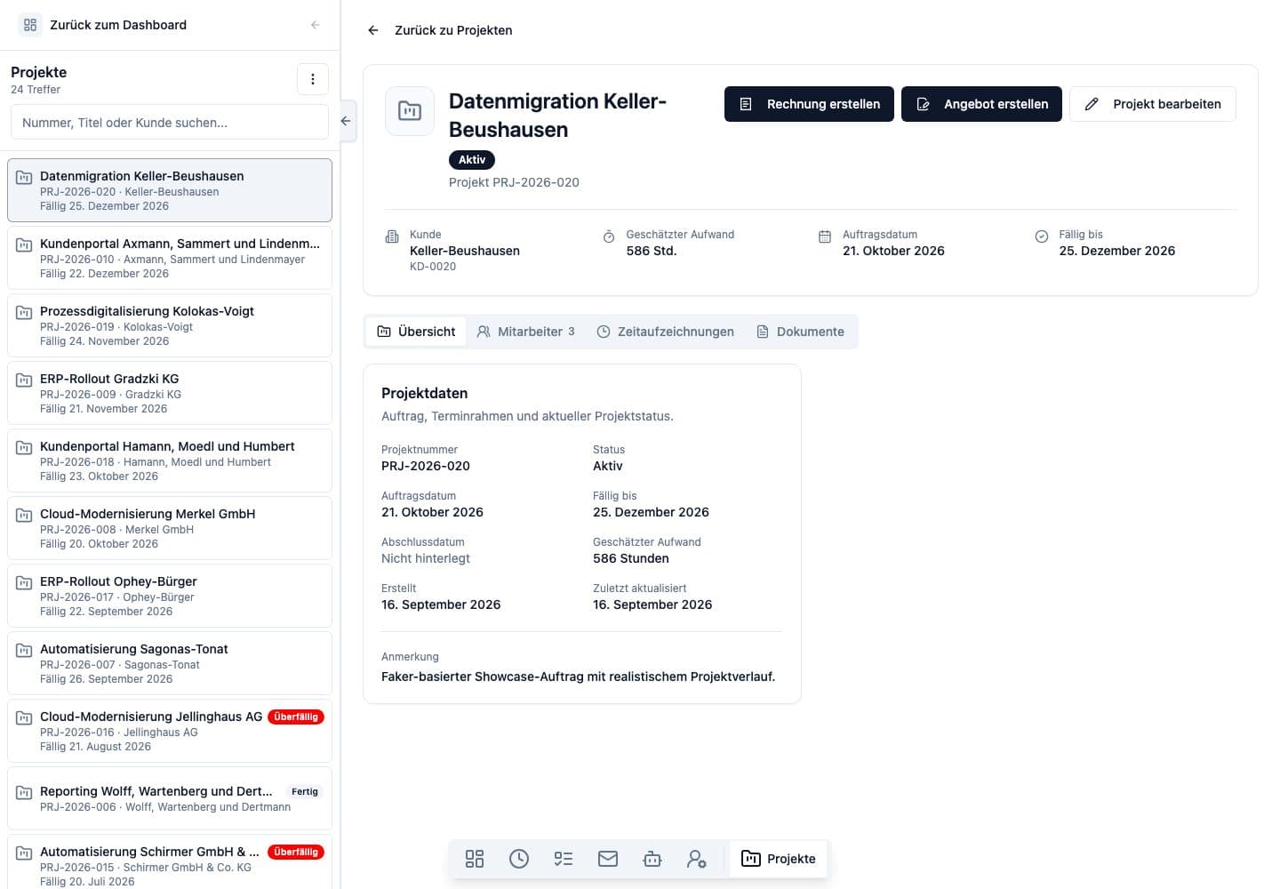 Desktop-Ansicht von Projekte in Neuronize ERP
