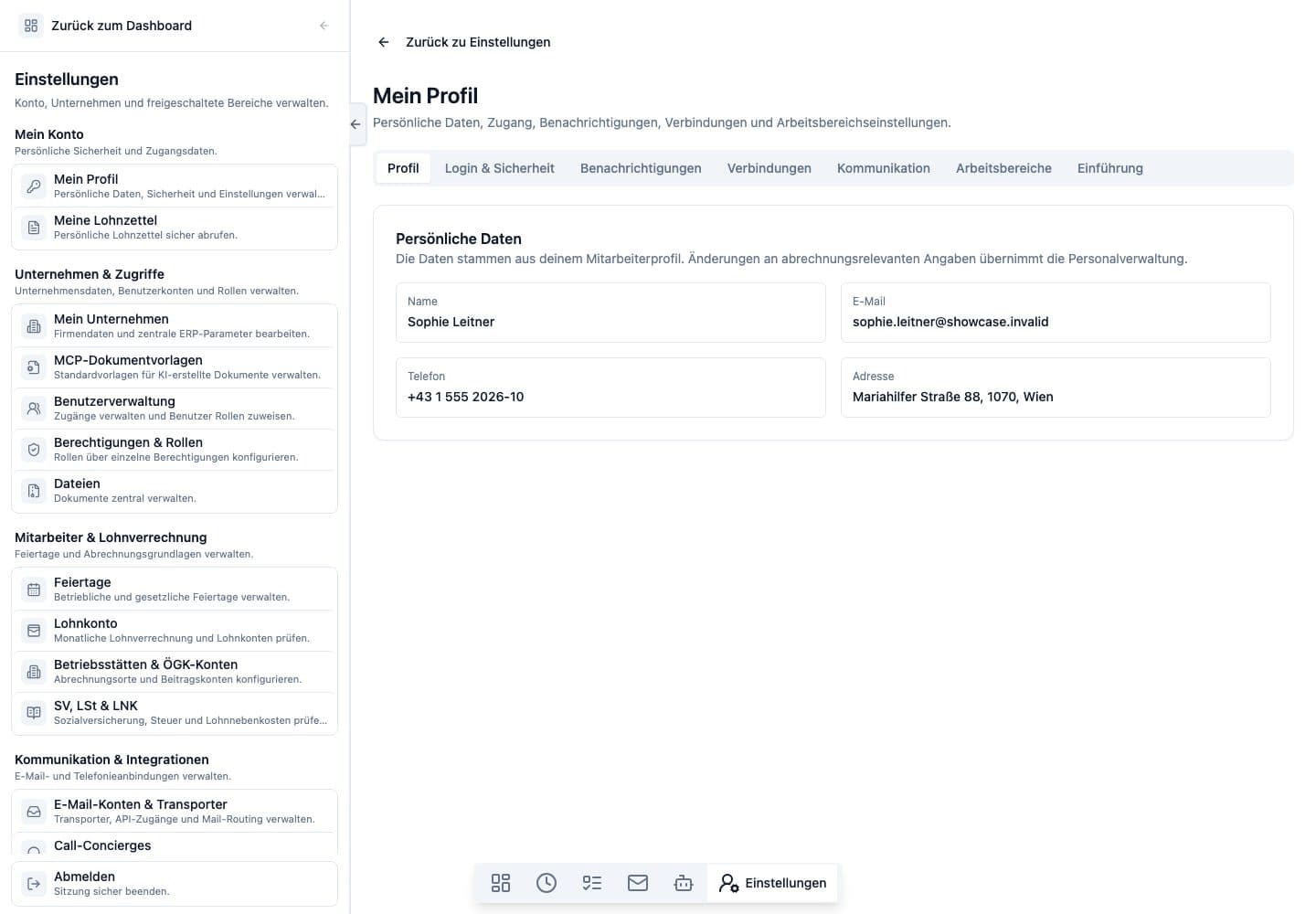 Desktop-Ansicht von Plattform & Einstellungen in Neuronize ERP
