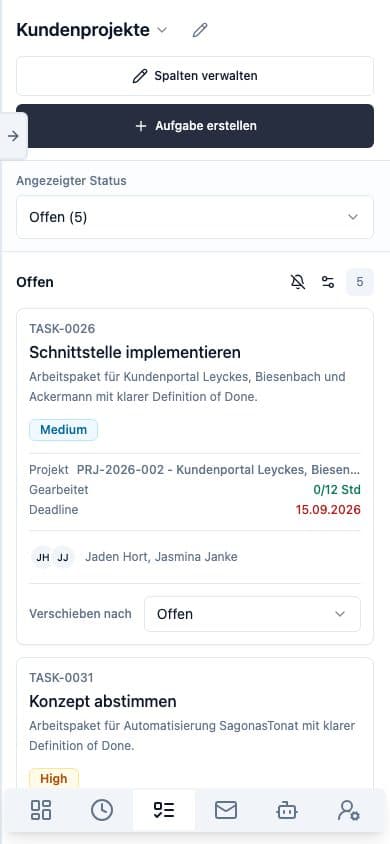 Mobile Ansicht von Aufgaben in Neuronize ERP